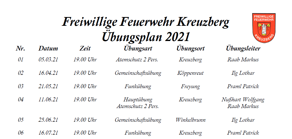 FF Kreuzberg - Übungsplan 2021 - Ausschnitt
