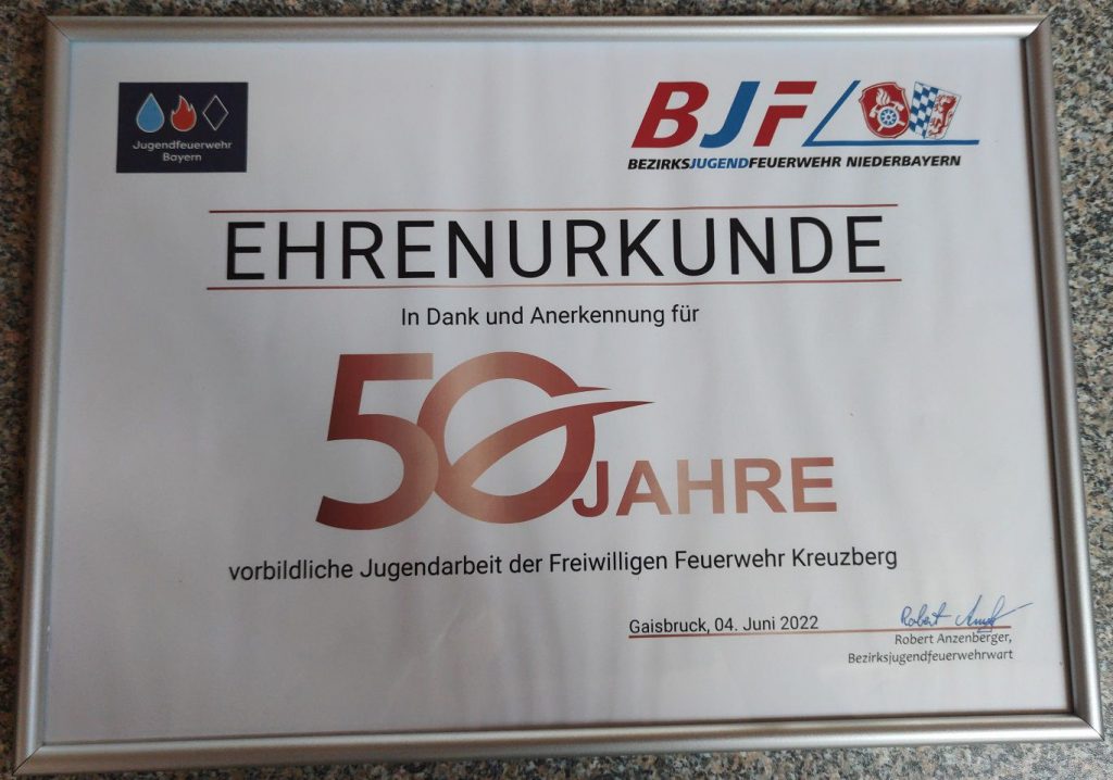 FF Kreuzberg - 50 Jahre Jugendfeuerwehr - Ehrenurkunde Bezirk
