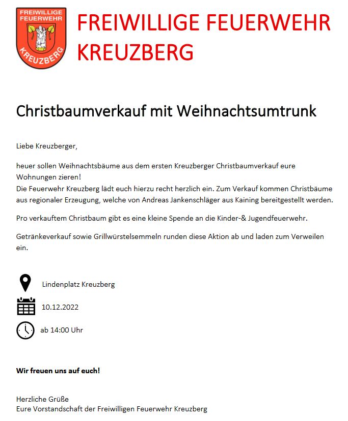 FF Kreuzberg - Christbaumverkauf 2022 - Flyer