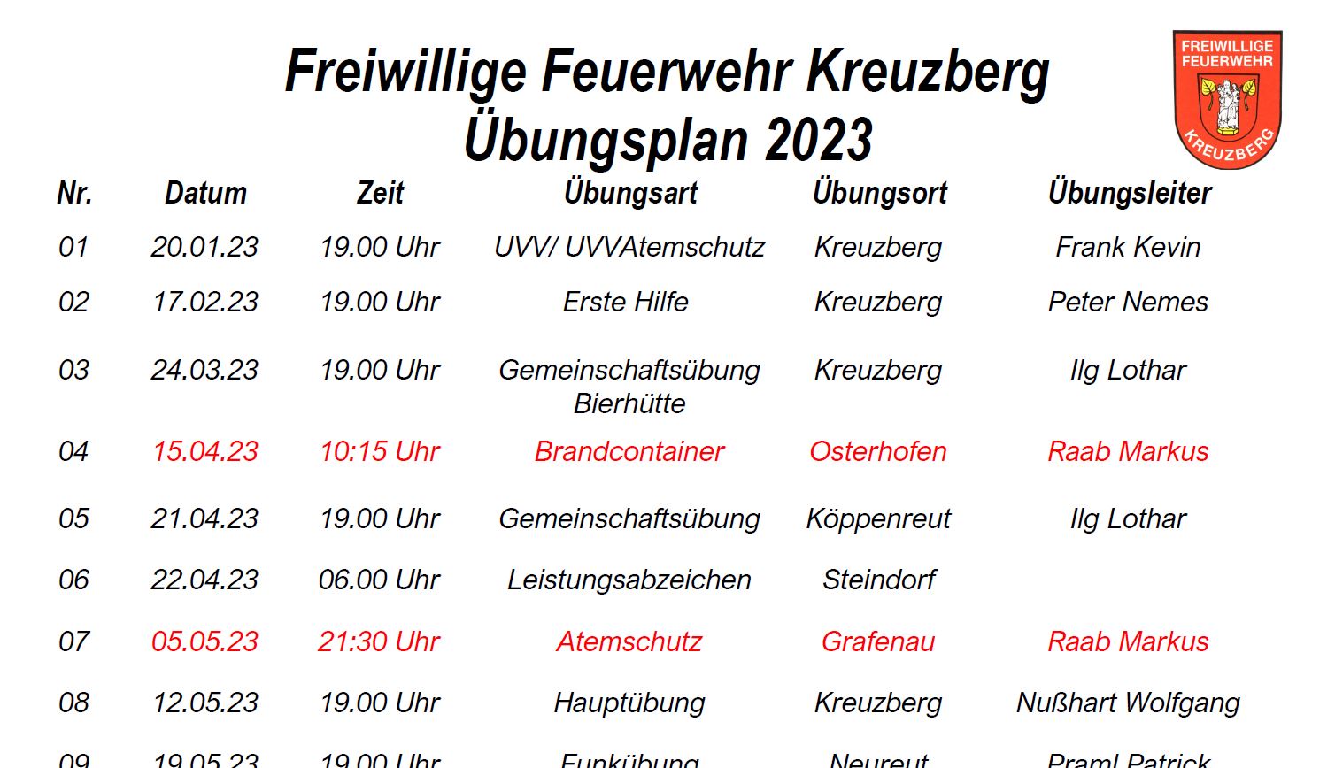 FF Kreuzberg - Übungsplan 2023 - Titelbild
