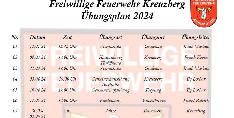 FF Kreuzberg - Übungsplan 2024 - Ausschnitt