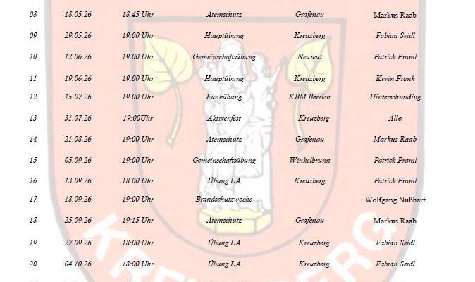 FF Kreuzberg - Übungsplan 2026