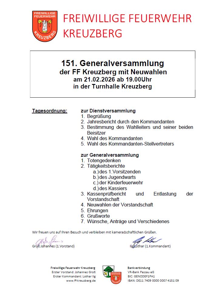 FF Kreuzberg - Aushang - Generalversammlung 2026