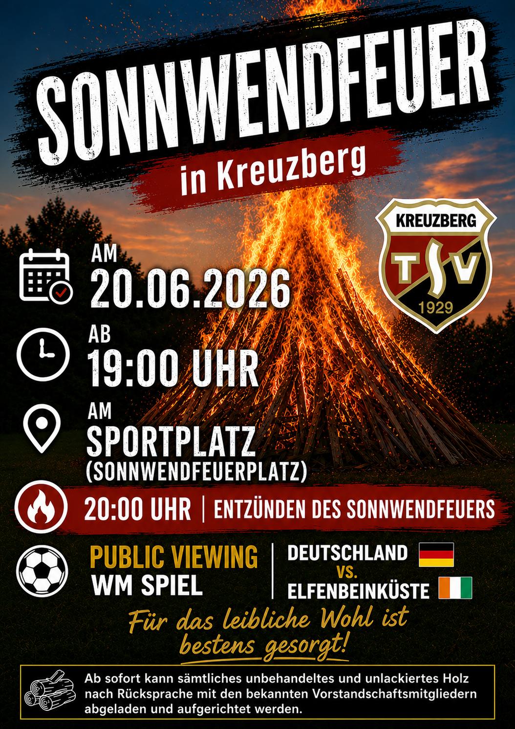 FF Kreuzberg - Flyer Sonnwendfeuer 2026 - Veranstalter TSV Kreuzberg e.V.
